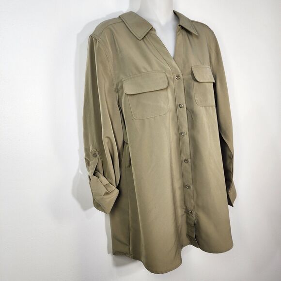 Denim & Co. Tunic Top Medium Roll Tab Sleeve Button Soft Utility A227885 Olive - Picture 4 of 10